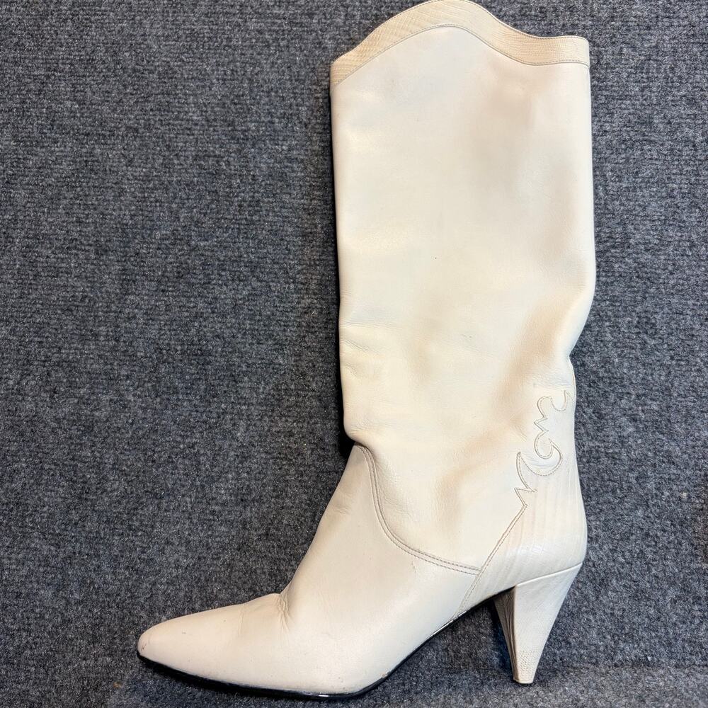 Vtg Gloria Vanderbilt White Leather Western Cowboy Boots Tall Heels Women Size 8